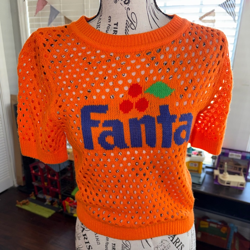 Orange short sleeve crochet Fanta cropped top